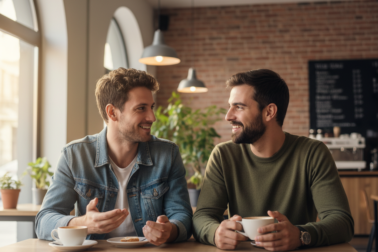 two male friends around 25-30 years old talking in a coffe slightly smiling. proffessional photo